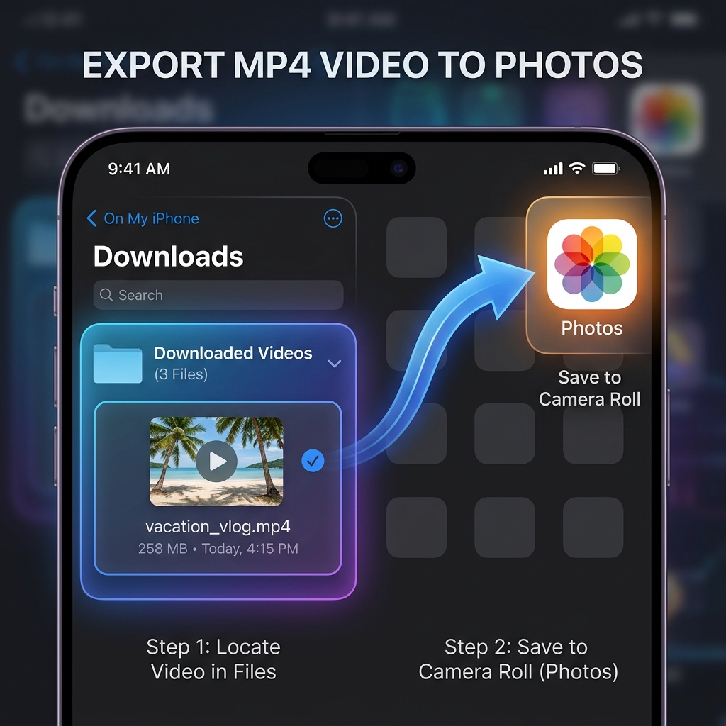 Files app exporting downloaded video into Photos app